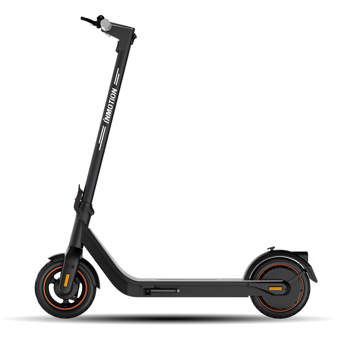 Side view of INMOTION Air Pro electric scooter with sleek black design and orange wheels.