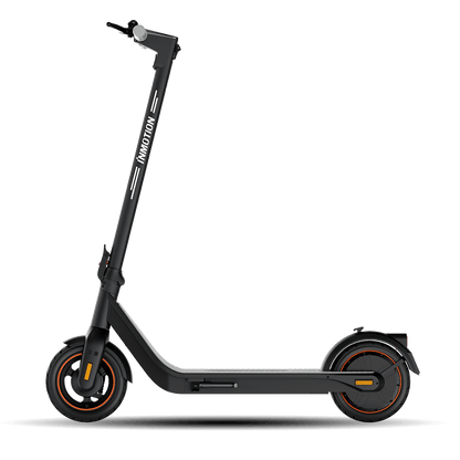 Side view of INMOTION Air Pro electric scooter with sleek black design and orange wheels.