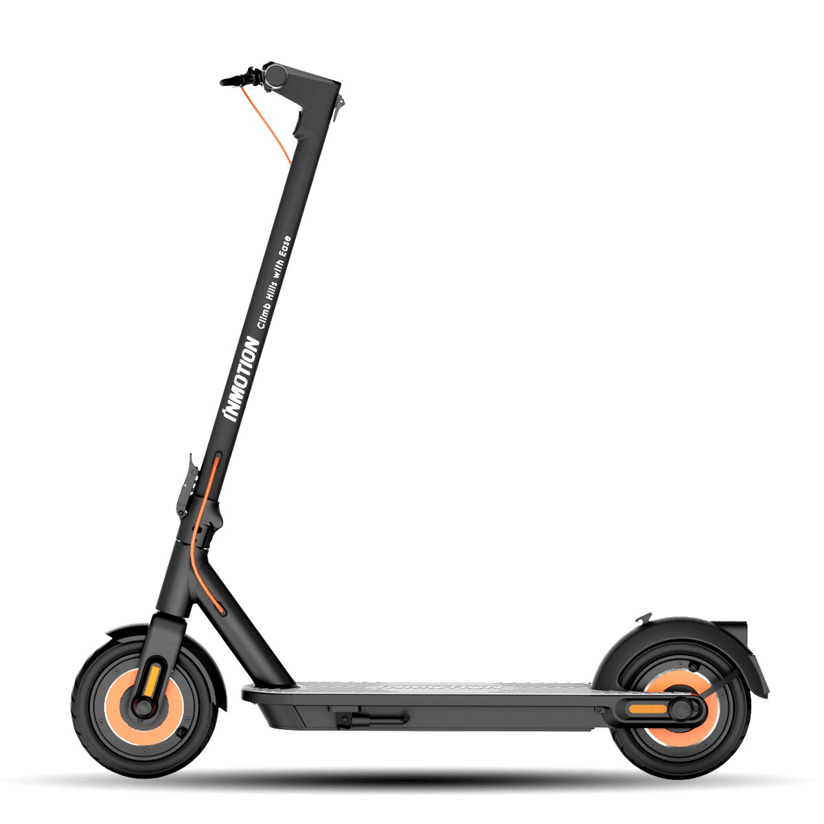 Side view of INMOTION Climber electric scooter showcasing sleek design and robust wheels.