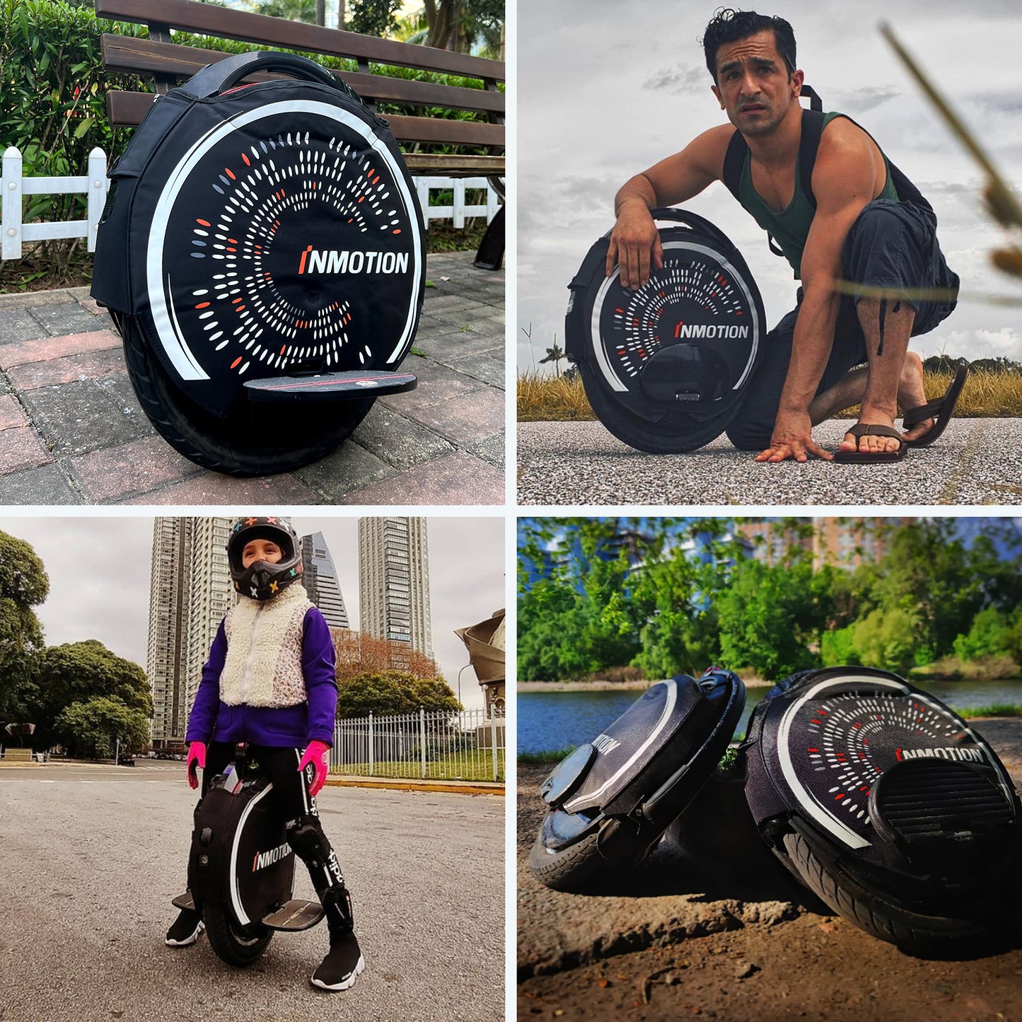 Collage of users with INMOTION electric unicycle in various outdoor settings