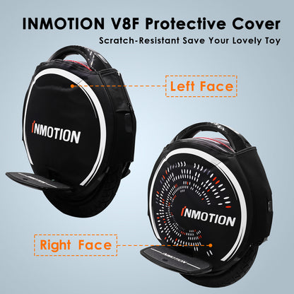 Black INMOTION V8F protective cover showing left and right side views, scratch-resistant design.