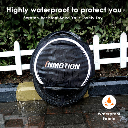 Waterproof black unicycle cover with INMOTION logo on a wet surface