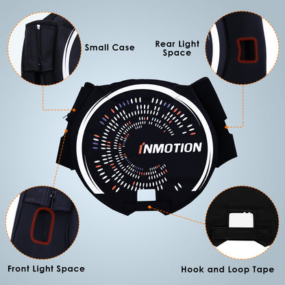 Detailed black cover for electric unicycle showcasing features and INMOTION logo