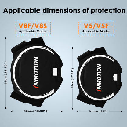 Dimensions of V5 and V8F unicycle protective covers displayed on a light background