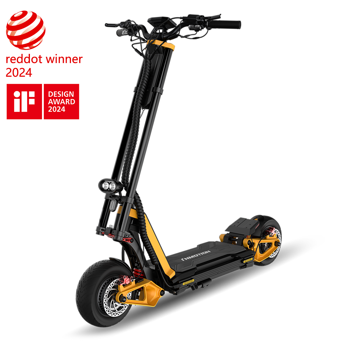 INMOTION RS electric scooter in black and yellow with 2024 iF Design Award emblem