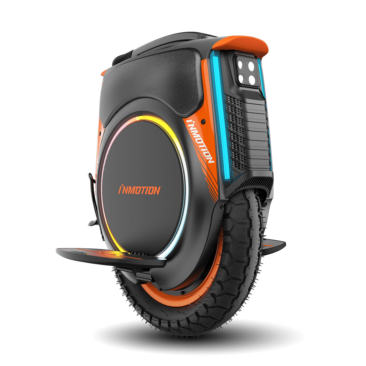 INMOTION V12 Pro unicycle side view showcasing design and colorful LED lights.