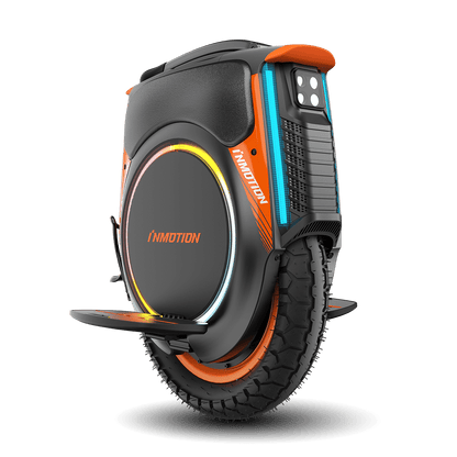 INMOTION V12 Pro unicycle side view showcasing design and colorful LED lights.