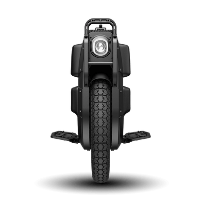 Front view of INMOTION V13 Pro electric unicycle with large tire and powerful headlight.