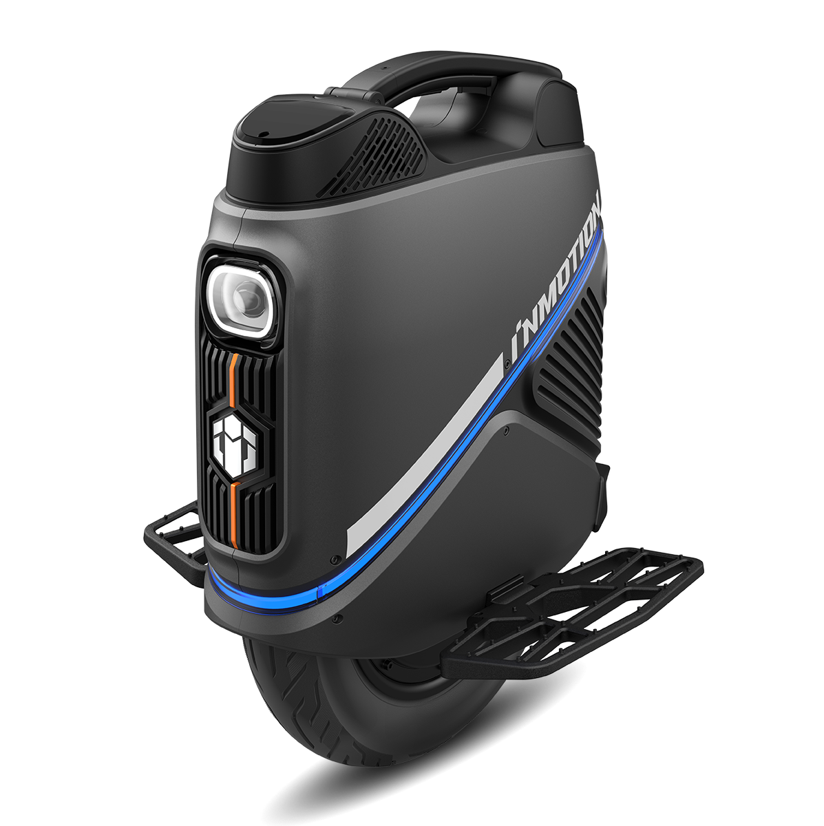 The INMOTION V9 is a sleek, modern electric unicycle with a black body and blue accents.