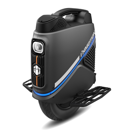 The INMOTION V9 is a sleek, modern electric unicycle with a black body and blue accents.