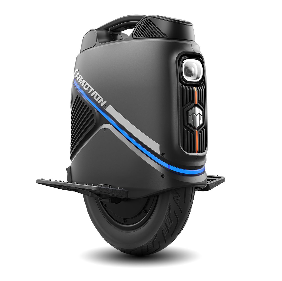 INMOTION V9 electric unicycle, sleek design with blue accents.