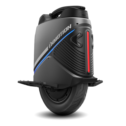 INMOTION V9 electric unicycle with blue and red accents, sleek design.